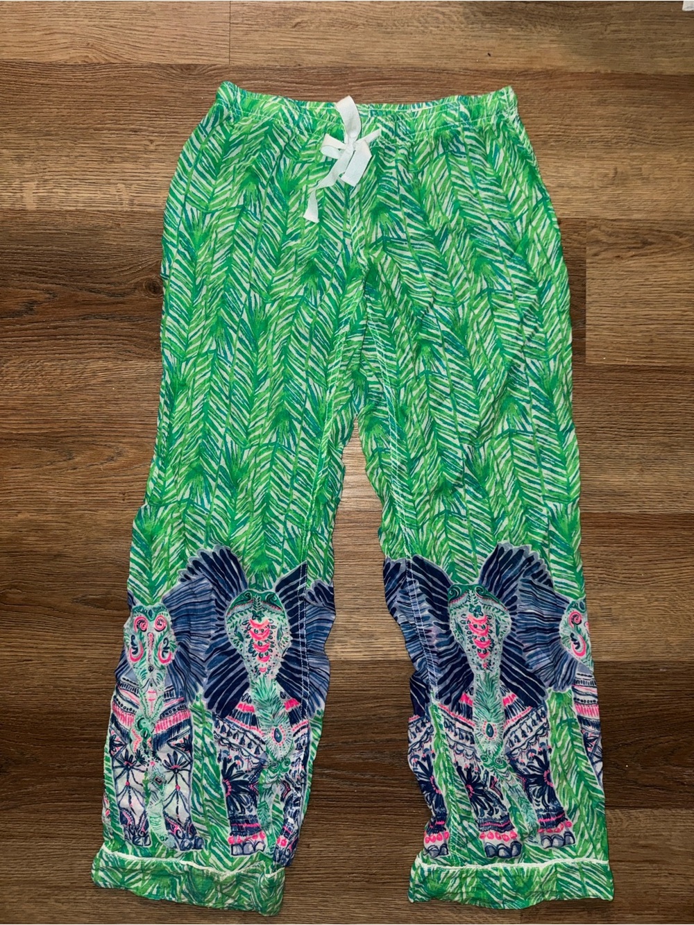 Lily Pulitzer Tropical Green Drawstring Summer Pants with Elephant Motif
